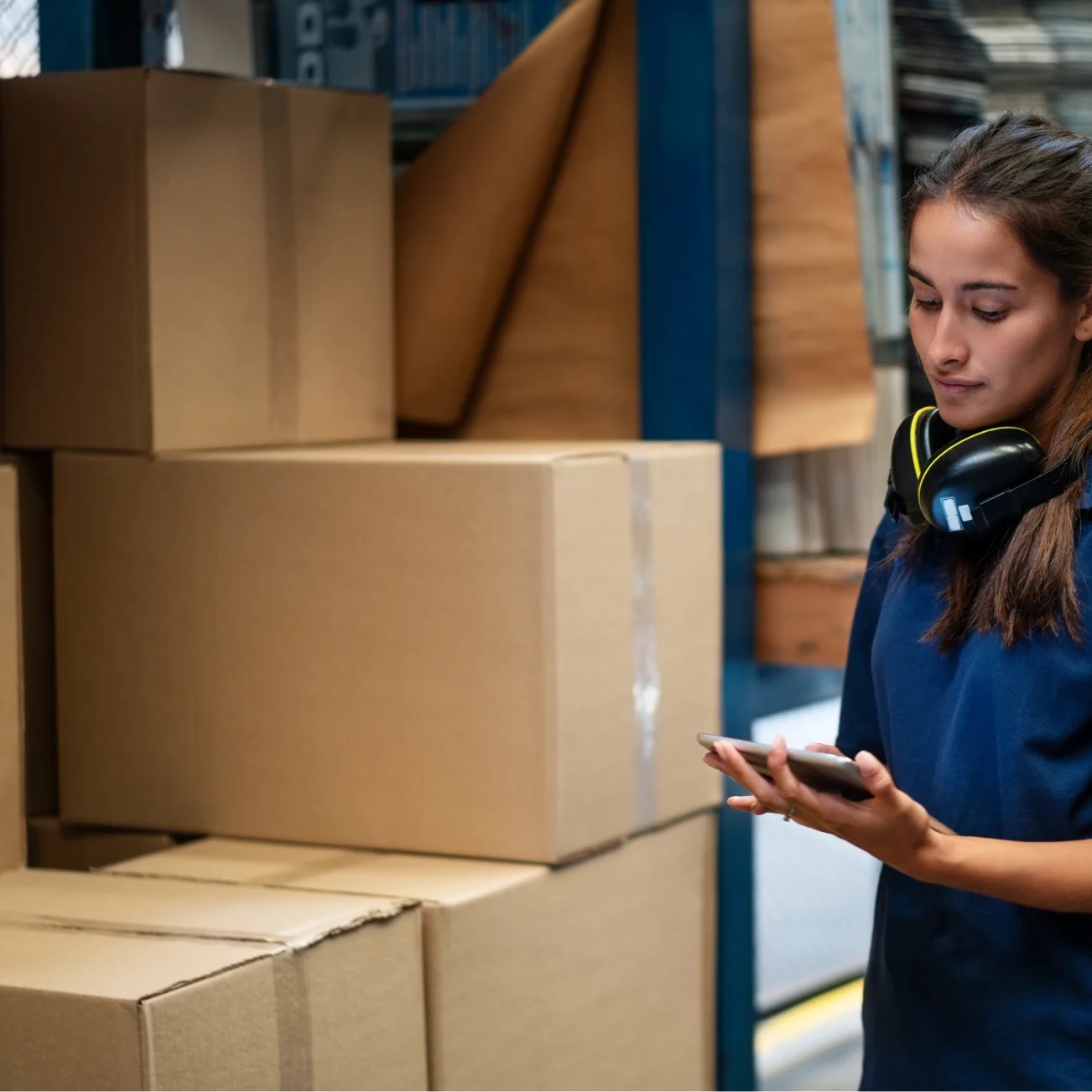 Man holding 3 boxes at home while looking at phone screen